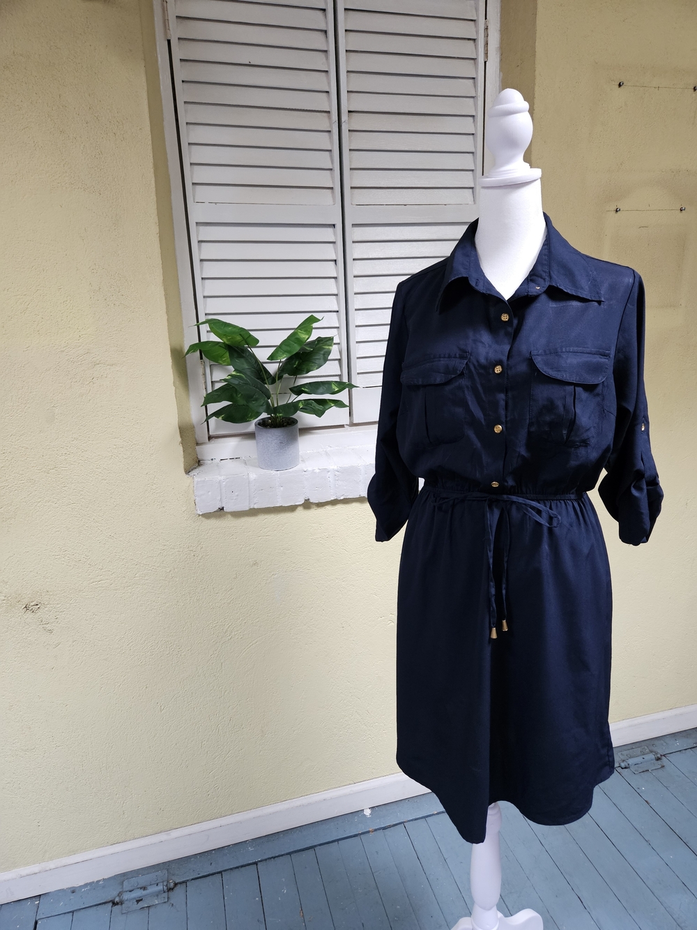 Classic Navy Shirt Dress with Drawstring Waist